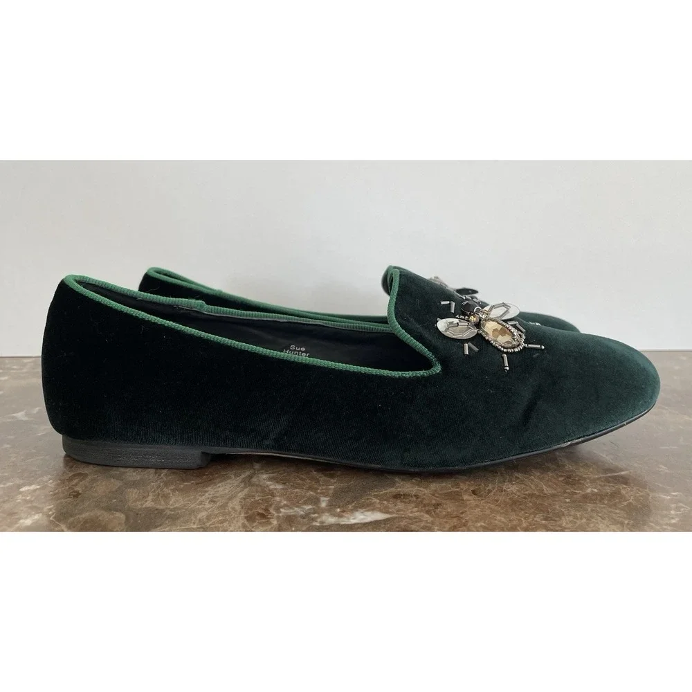 Vintage Havana Green Velvet‎ Flats Beaded Bees Dragonflies Holiday Old Money 8.5